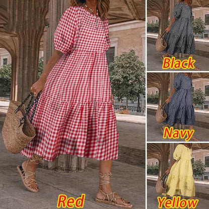 Casual Summer Midi dress puff sleeve flowy mum dress