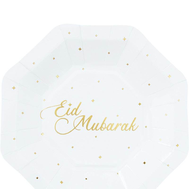 Eid Mubarak White Paper Plate Paper Cup Paper Towel Ramadan Disposable Tableware Party Supplies