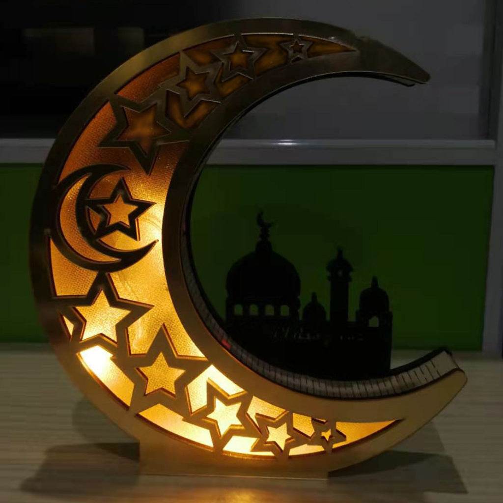 Miroir en bois Eid Mubarak Château Lune dorée avec lettres creuses artisanales et lumières LED, décorations et ornements