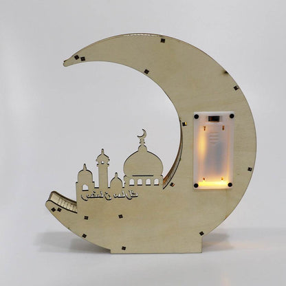 Miroir en bois Eid Mubarak Château Lune dorée avec lettres creuses artisanales et lumières LED, décorations et ornements
