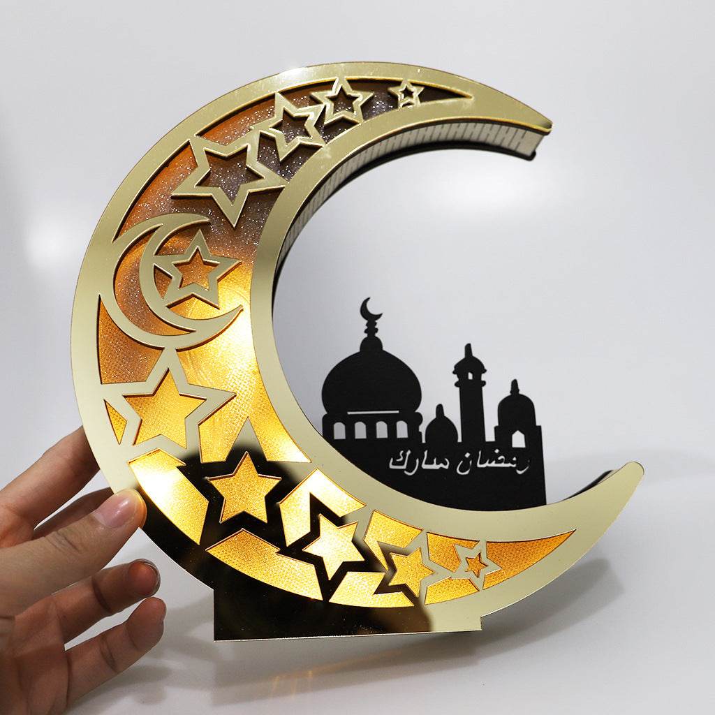 Miroir en bois Eid Mubarak Château Lune dorée avec lettres creuses artisanales et lumières LED, décorations et ornements