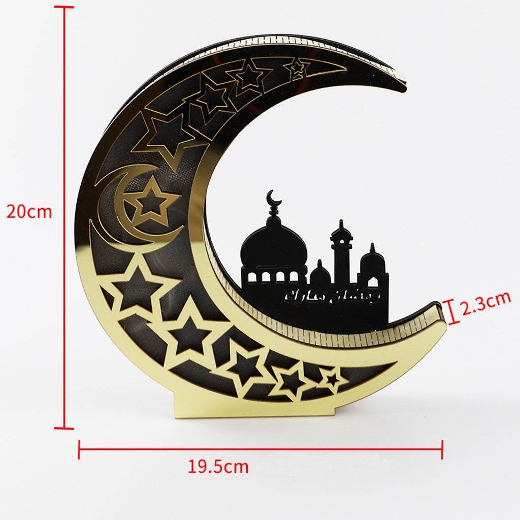 Miroir en bois Eid Mubarak Château Lune dorée avec lettres creuses artisanales et lumières LED, décorations et ornements