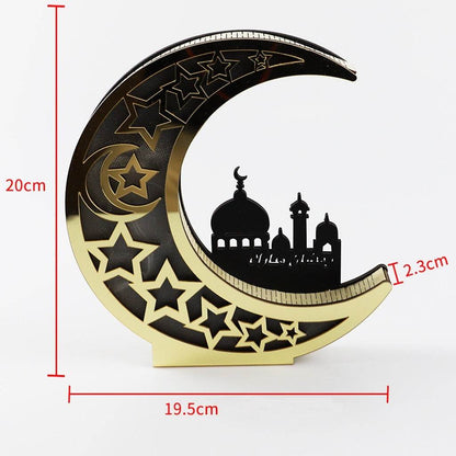 Miroir en bois Eid Mubarak Château Lune dorée avec lettres creuses artisanales et lumières LED, décorations et ornements