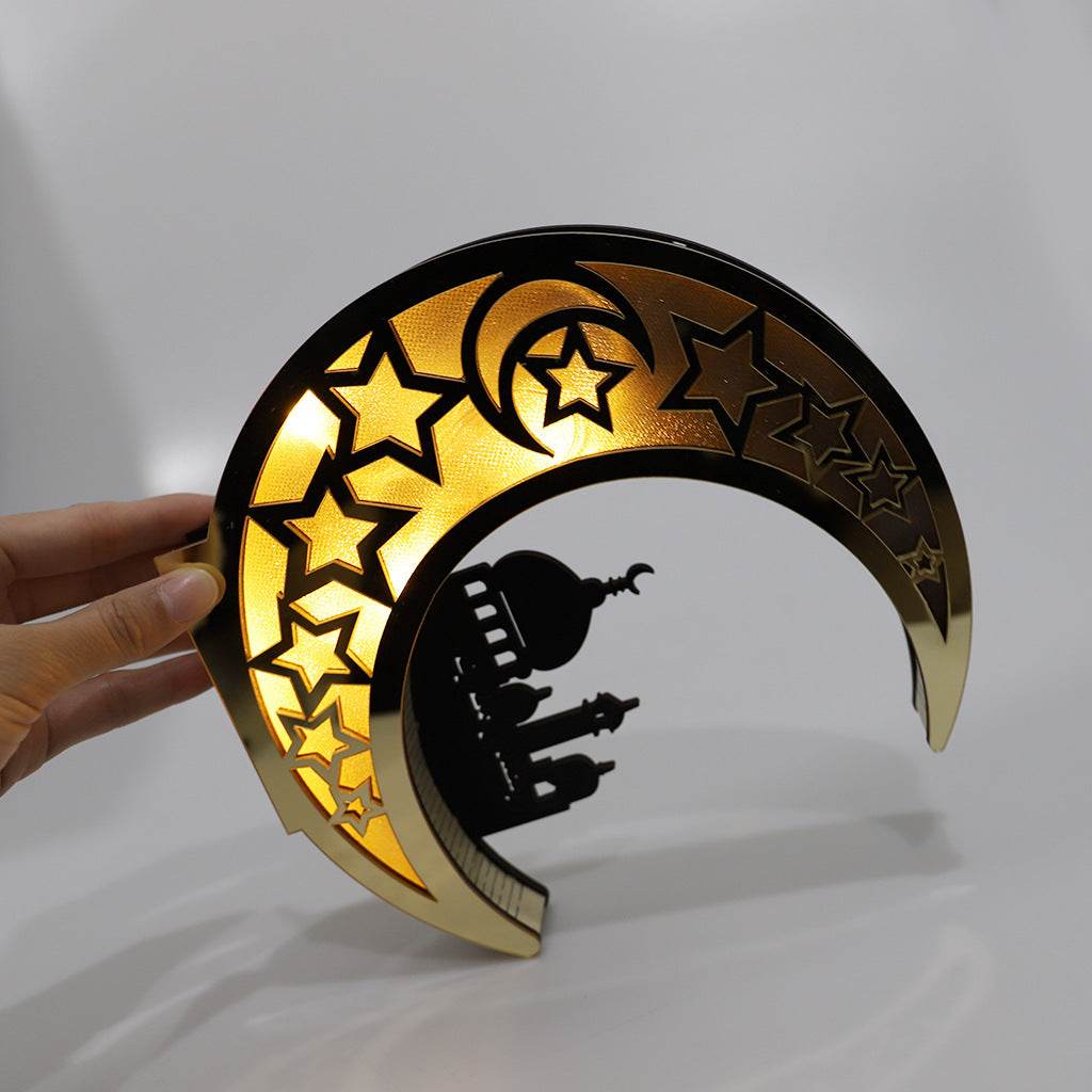 Miroir en bois Eid Mubarak Château Lune dorée avec lettres creuses artisanales et lumières LED, décorations et ornements