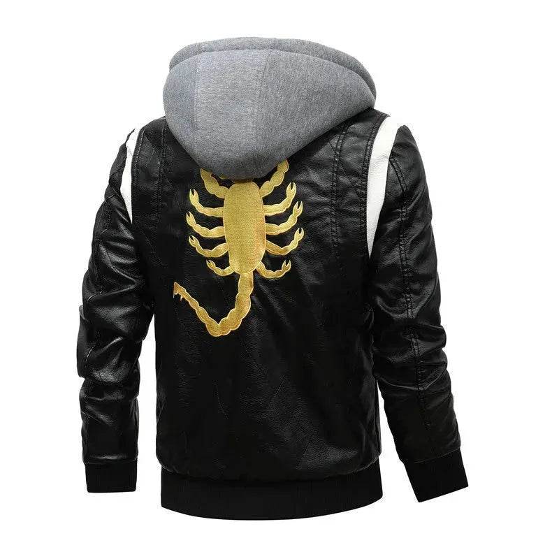 Men's Leather Stand Collar Zip up Hooded Winter Jacket
