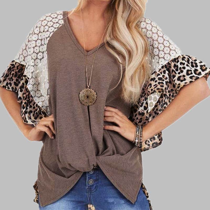 Leopard Patchwork Women Loose V-neck Tops Tee Batwing Sleeve Top Women Summer Short Sleeve