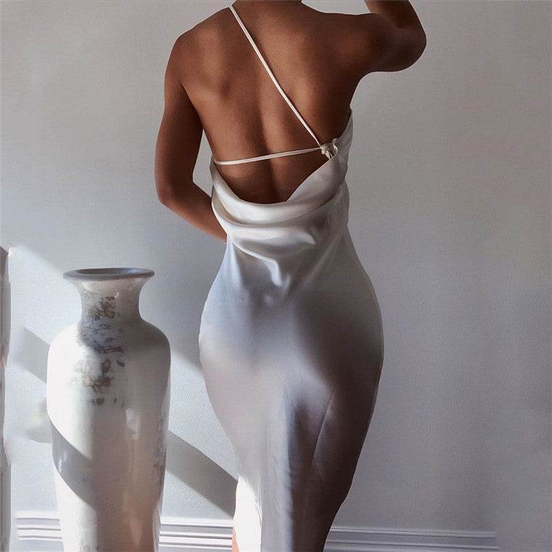 Elegant Women's Midi Satin Dress One Shoulder Spaghetti Strap Backless Ruched Summer DRESS