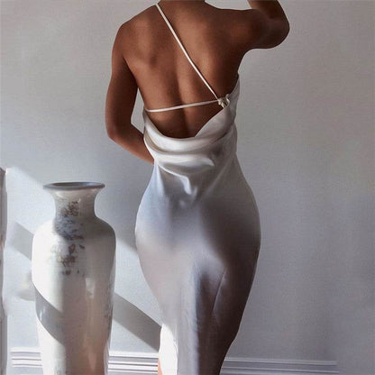 Elegant Women's Midi Satin Dress One Shoulder Spaghetti Strap Backless Ruched Summer DRESS