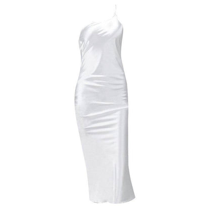 Elegant Women's Midi Satin Dress One Shoulder Spaghetti Strap Backless Ruched Summer DRESS