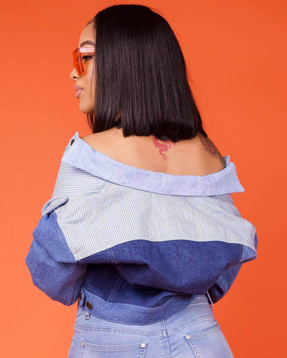 Oversized Denim Jacket – Color Matching Cotton Lapel