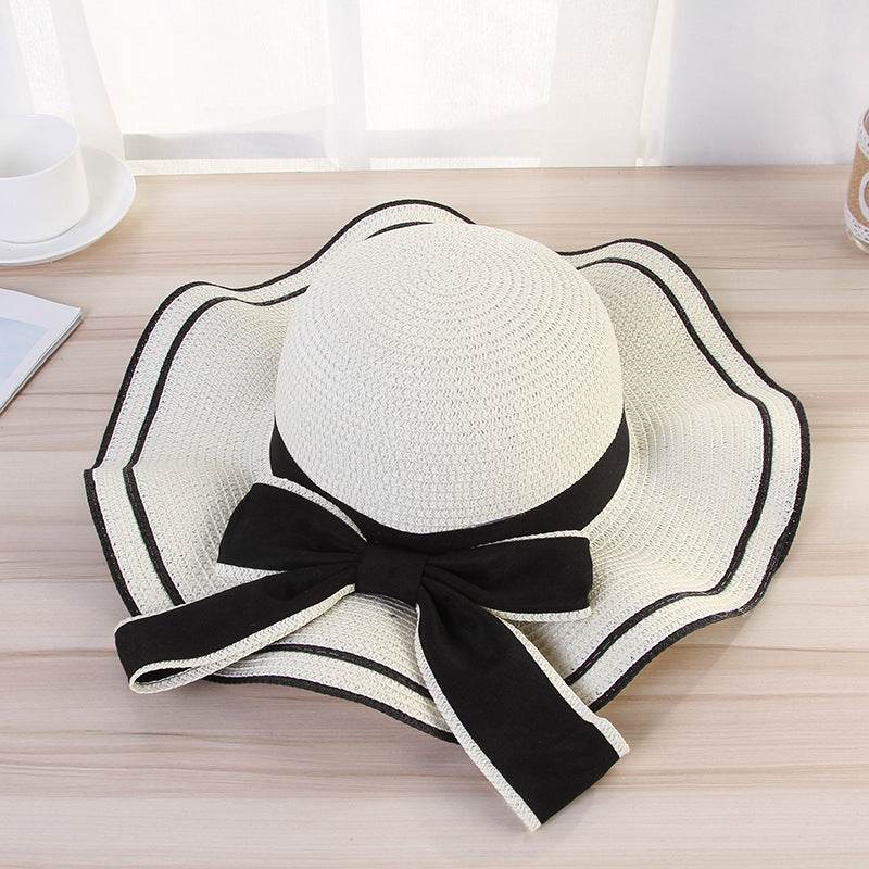 Chapeau de soleil d'été pour femme - Chapeau de paille - Casquette de plage tendance avec nœud - Pliable pour voyage