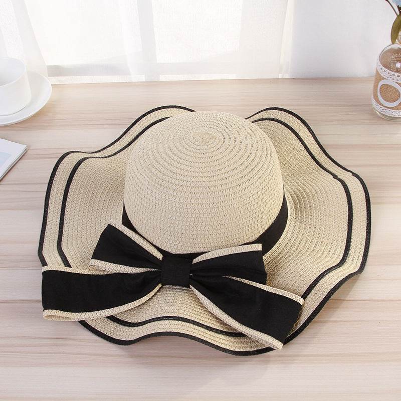 Chapeau de soleil d'été pour femme - Chapeau de paille - Casquette de plage tendance avec nœud - Pliable pour voyage
