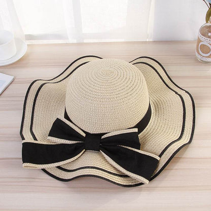 Chapeau de soleil d'été pour femme - Chapeau de paille - Casquette de plage tendance avec nœud - Pliable pour voyage