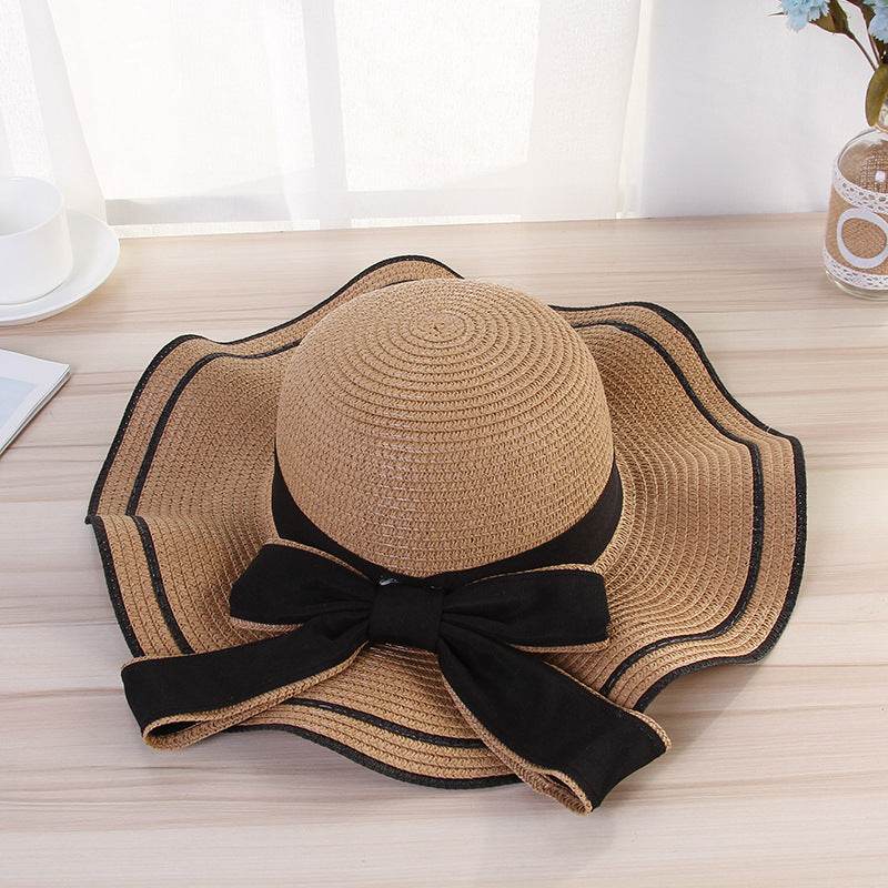 Chapeau de soleil d'été pour femme - Chapeau de paille - Casquette de plage tendance avec nœud - Pliable pour voyage