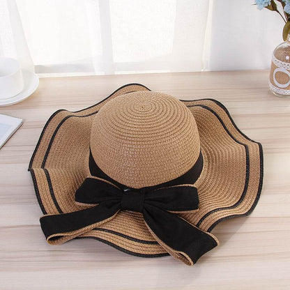 Chapeau de soleil d'été pour femme - Chapeau de paille - Casquette de plage tendance avec nœud - Pliable pour voyage