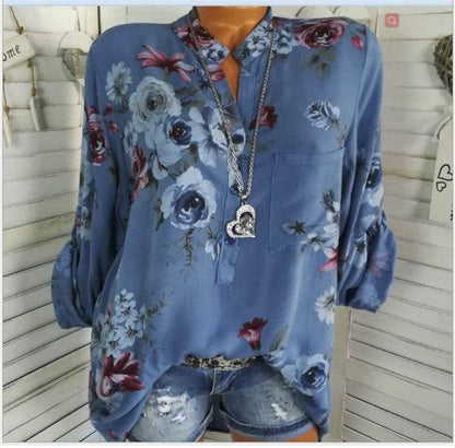 5XL Plus Size Summer Tops Women Blouses Long Sleeve Print Stand Collar Button Blouse Pullover Womens Clothing  Blusa