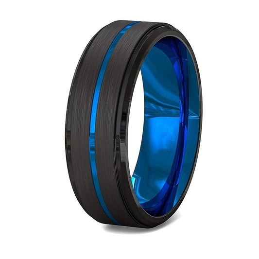 Bague Homme Bicolore en Acier Tungstène Fendu Bleu et Noir de 8mm de Large