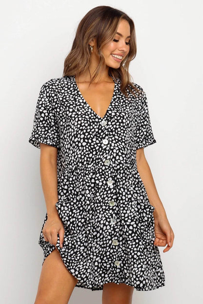 Casual Summer dresses Women Spring Mini short sleeve button down dot printed loose Dress