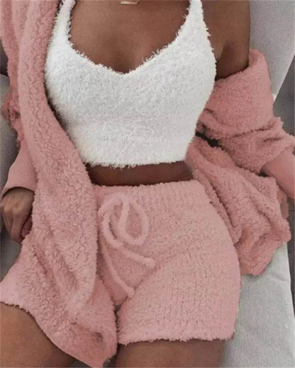 Winter Women Home Wear Suit Casual Pajamas Set Lady Female Soft Warm Long Sleeve Exposed Navel Vest Shorts Set
