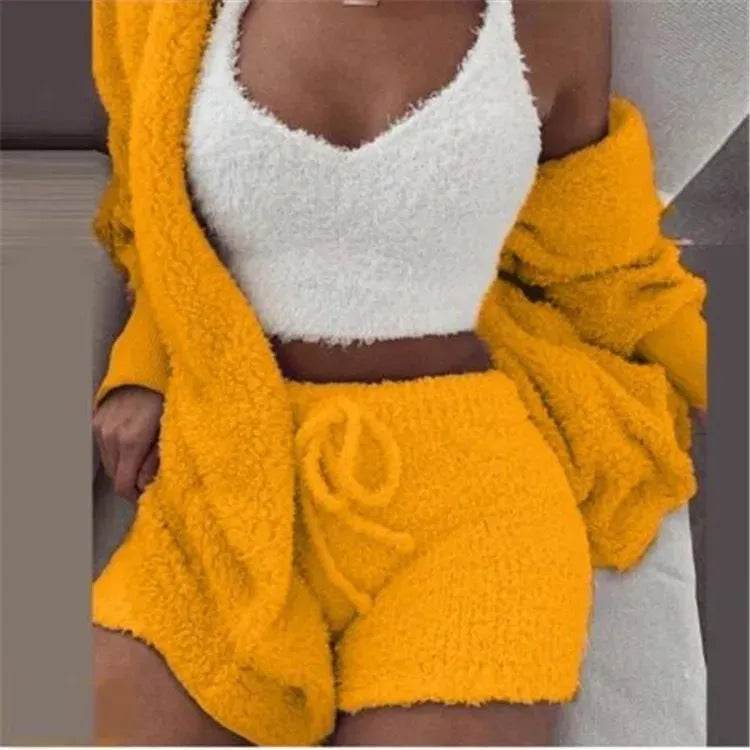 Winter Women Home Wear Suit Casual Pajamas Set Lady Female Soft Warm Long Sleeve Exposed Navel Vest Shorts Set