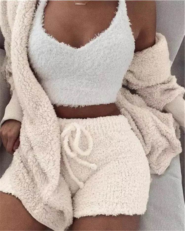 Winter Women Home Wear Suit Casual Pajamas Set Lady Female Soft Warm Long Sleeve Exposed Navel Vest Shorts Set