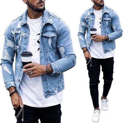 Lapel Men's Denim Jacket Ripped Irregular Washed Jacket Jeans