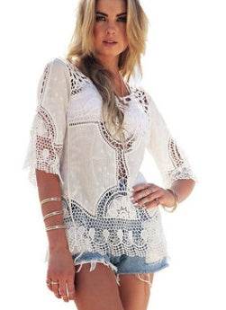 Jastie Bohemian Hollow Out Beach Cover Up Blouse Beach Shirt Women Crochet Lace Top Blusas mujer de moda Summer Tops