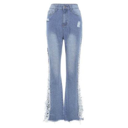 Fashion Ripped Casual Pants Bag Hip Contrast Frosted Bootcut Jeans