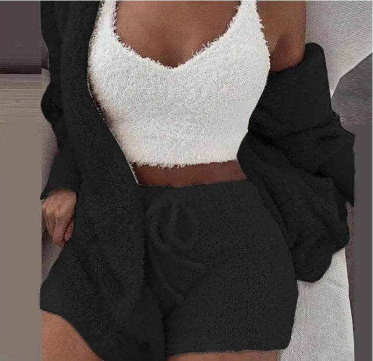 Winter Women Home Wear Suit Casual Pajamas Set Lady Female Soft Warm Long Sleeve Exposed Navel Vest Shorts Set