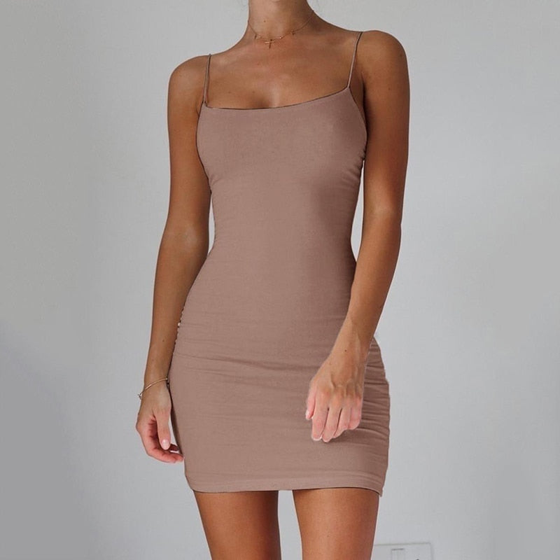 Pure Color Simple Hanging Neck Tight-Fit Dress – Women's Sleeveless Bodycon Slip Dress