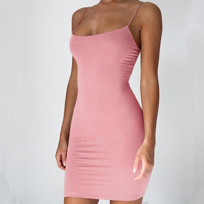 Pure Color Simple Hanging Neck Tight-Fit Dress – Women's Sleeveless Bodycon Slip Dress