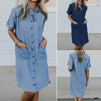 Women's Solid Color Casual Denim Short Sleeve Pocket loose Denim Dress