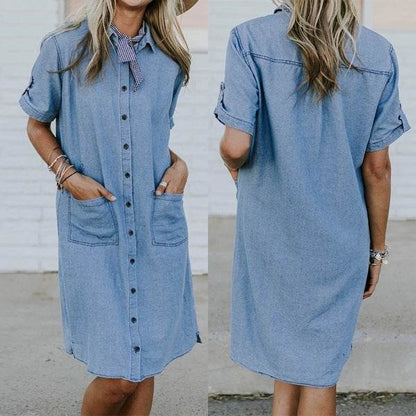 Women's Solid Color Casual Denim Short Sleeve Pocket loose Denim Dress