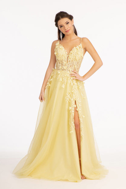 3-D Flower Applique Glitter Mesh A-line Dress w/ Embroidery