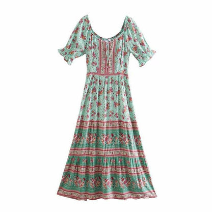 Aachoae Women Elegant A Line Long Maxi Dress With Belt Summer Floral Print Beach Dress Ruffle Short Sleeve Bow Tie Chic Dresses