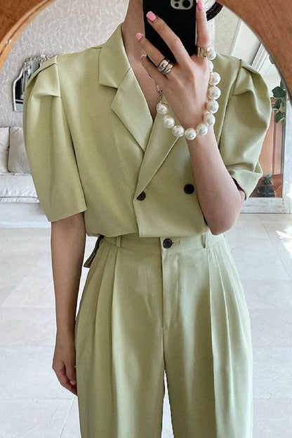 Simple Lapel Double-breasted Puff Sleeve Blazer  High-waist Pleated Casual Trousers suit