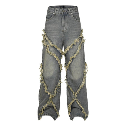 Wash Distressed Stitching Baggy Jeans Pant With Whiskers Same Style For Men And Women