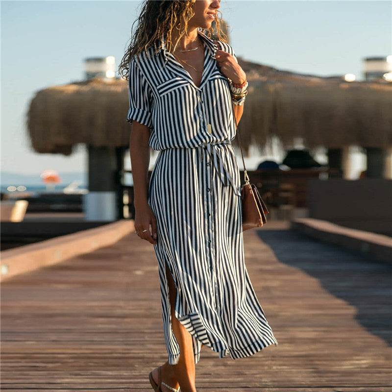 Robe longue à rayures en mousseline de soie à manches longues pour femmes, col en V, sexy, élégante et décontractée, printemps-été