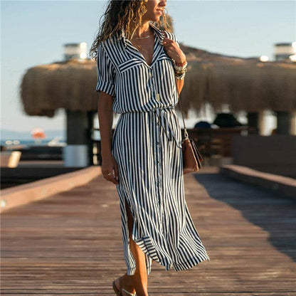 Robe longue à rayures en mousseline de soie à manches longues pour femmes, col en V, sexy, élégante et décontractée, printemps-été
