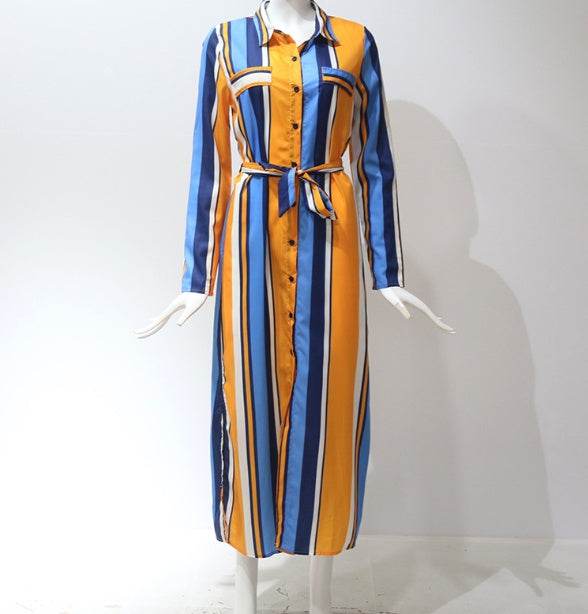 Robe longue à rayures en mousseline de soie à manches longues pour femmes, col en V, sexy, élégante et décontractée, printemps-été