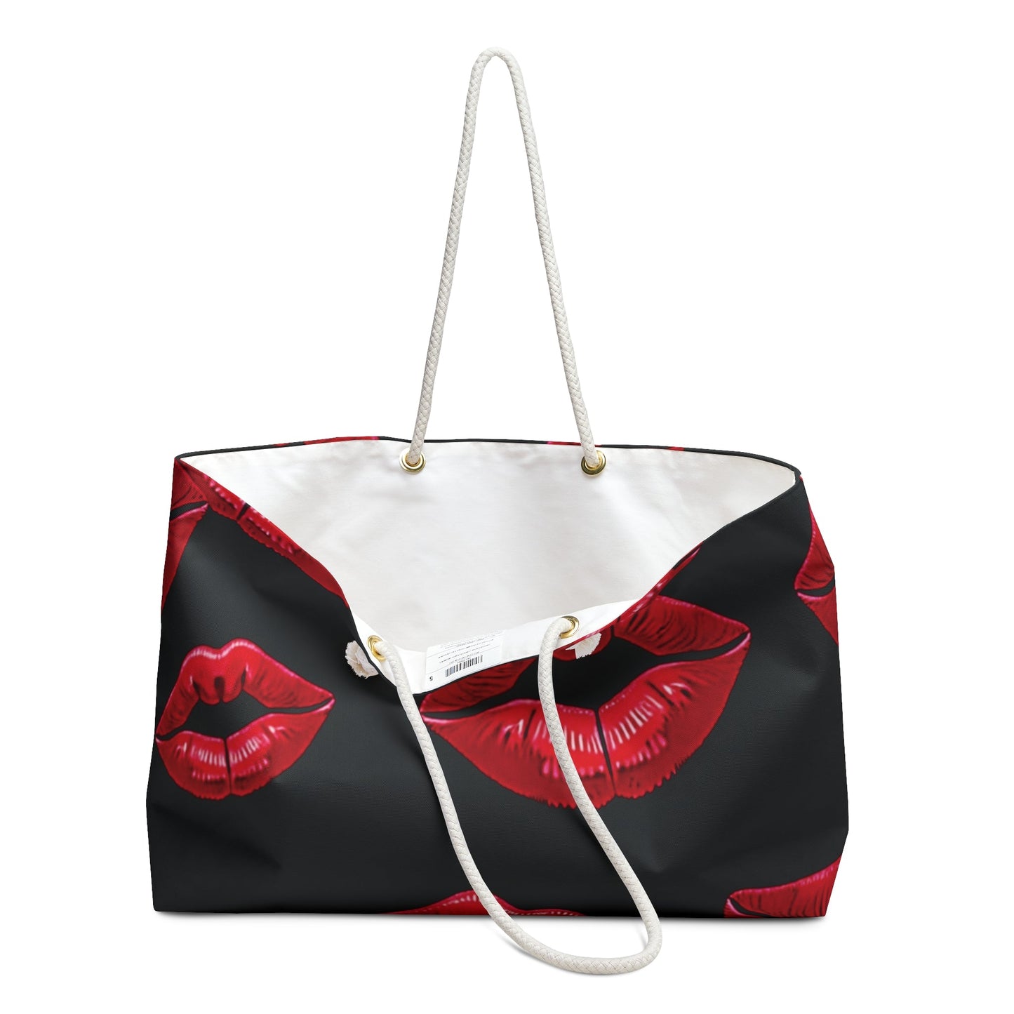Red Lip Print Weekender Bag | Bold Kiss Pattern, Black Background