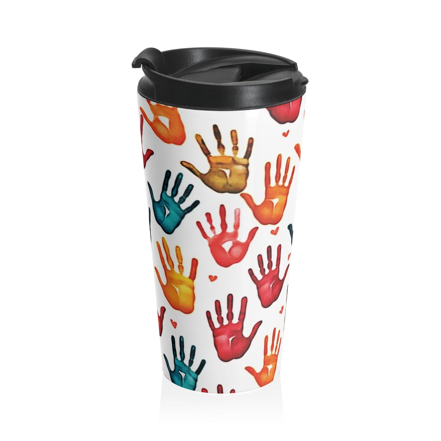 Travel Mug — Colorful Handprint Pattern Stainless Steel Tumbler (Kids & Teachers Gift)