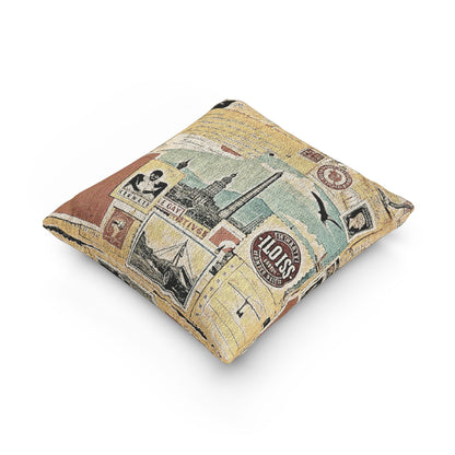 Vintage Travel Collage Woven Pillow | Cityscape Postcard Tapestry