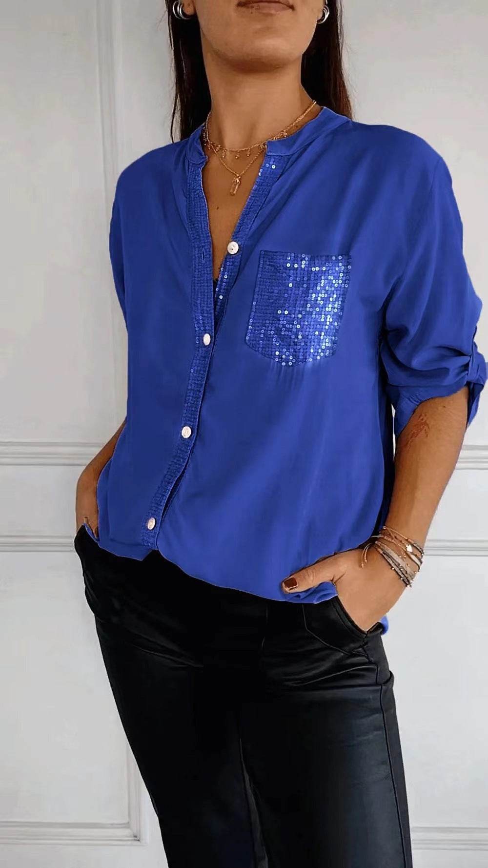 Chemisier décontracté à manches longues avec poche à sequins, haut tendance pour femmes