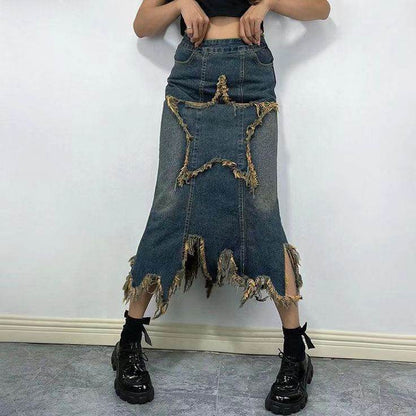 Women's American-style Retro High Waist Irregular Midi Denim Skirt