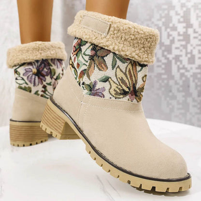 Bottes de neige brodées de fleurs, style ethnique, plateforme, talon carré épais, mi-mollet, bottes d'hiver chaudes en coton pour femmes