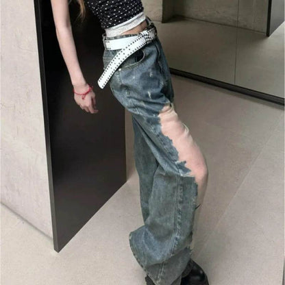 Retro Washed Ripped Baggy Jeans Pant For Women Summer Hollow Out