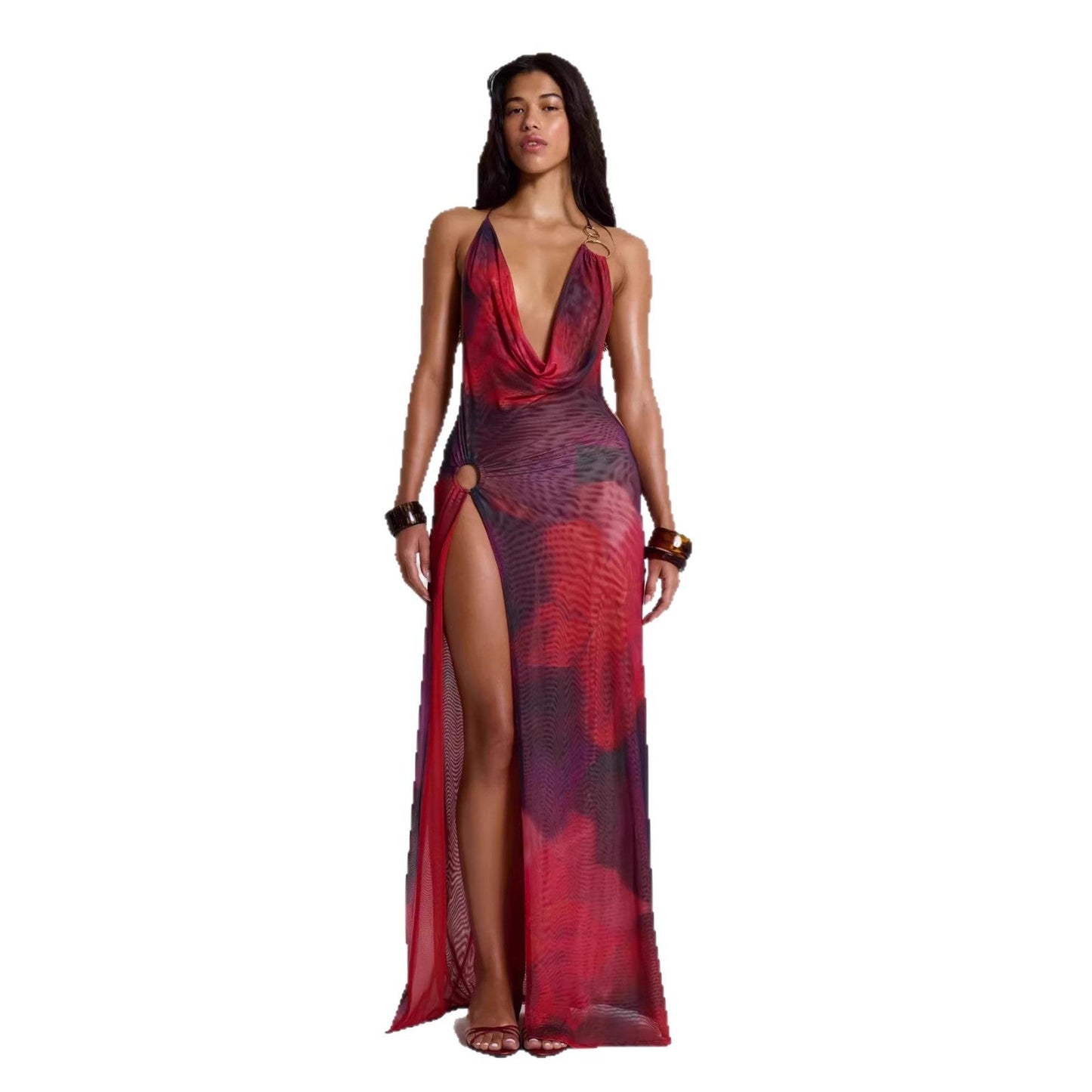 French-Style Printed Deep Halter Neck Backless Waist-Cinching Dress