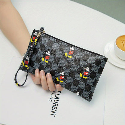 Disney Mickey Mouse Print Clutch Bag, Cartoon Genuine Leather Mobile Phone Bag, Cute Anime Wrist Wallet Coin Purse