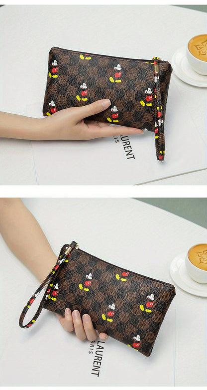 Disney Mickey Mouse Print Clutch Bag, Cartoon Genuine Leather Mobile Phone Bag, Cute Anime Wrist Wallet Coin Purse